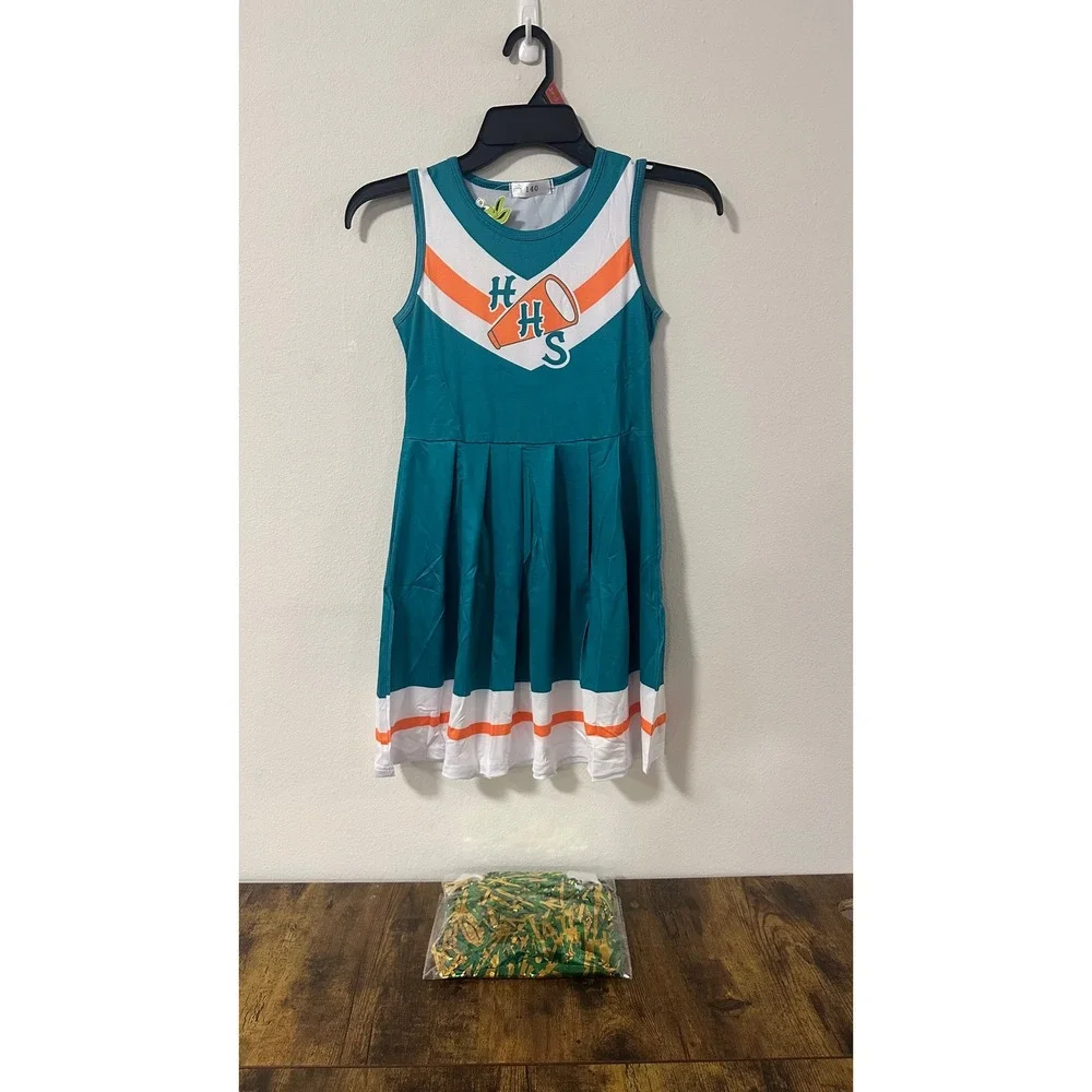 Kids Cheerleader Costume Set Teal Orange White Megaphone Pom Poms Size 8-10